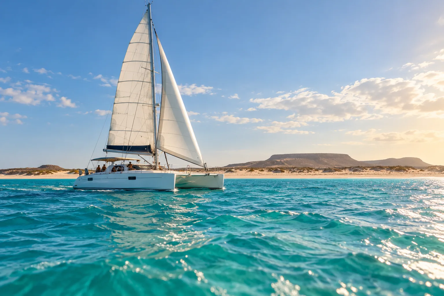 Catamarã a navegar em mar turquesa junto à costa da Boa Vista