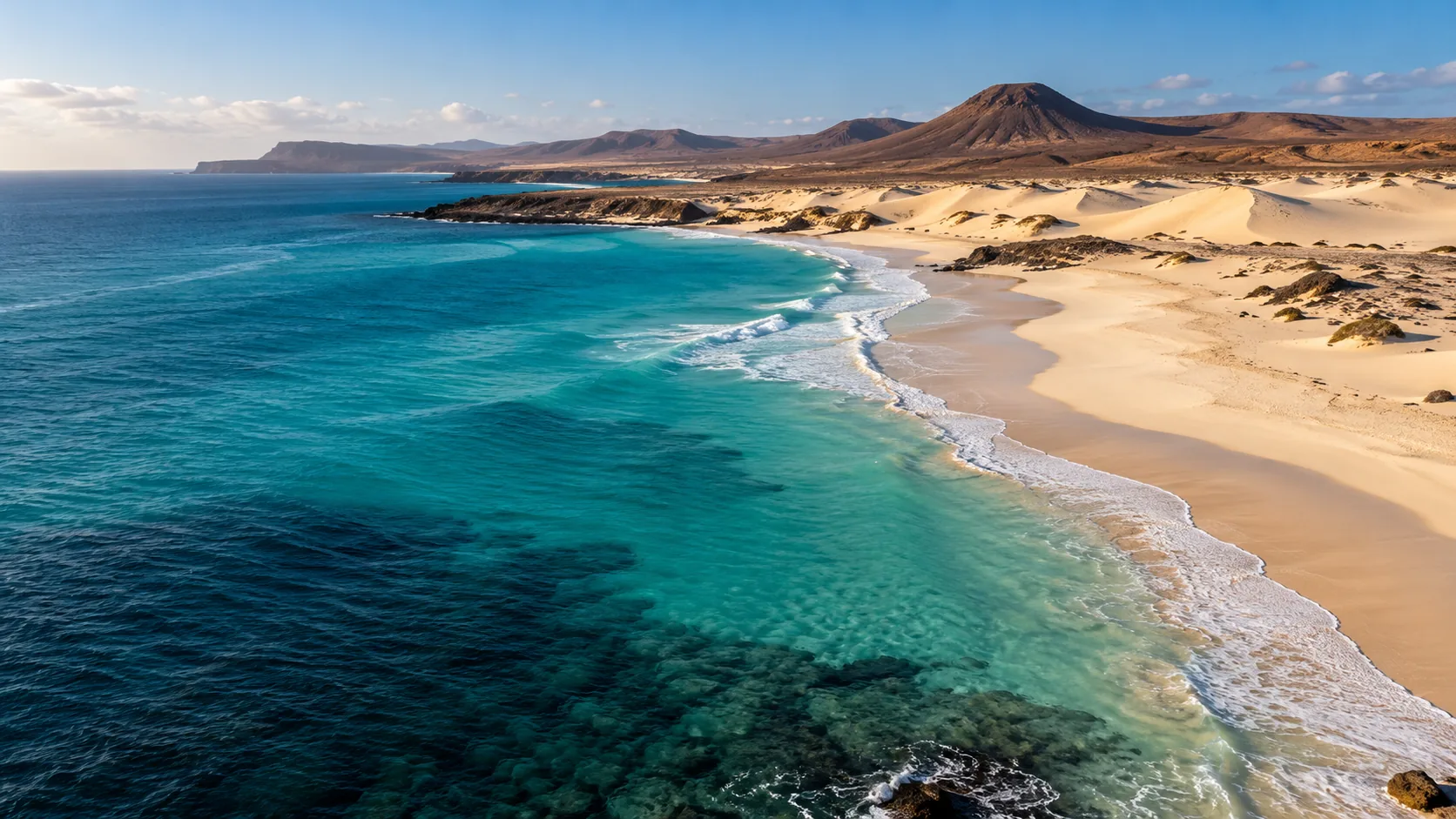Praia de água turquesa e dunas douradas na ilha da Boa Vista